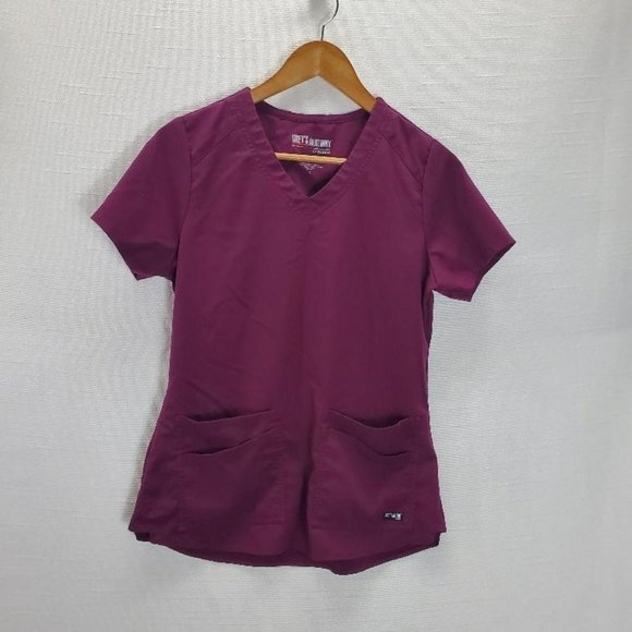 Greys Anatomy Spandex Stretch Emma 4 Pocket V-Neck Scrubs Top Wine Small - Picture 1 of 7